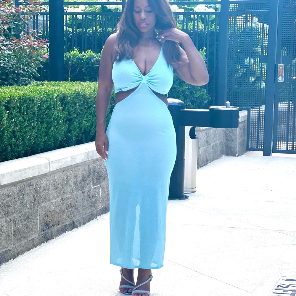 Misguided Blue Metallic Knit Cut Out Midaxi Dress - Size 10/12